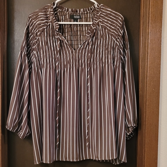 ANA Stripped White and Olive Blouse Large - Picture 1 of 4